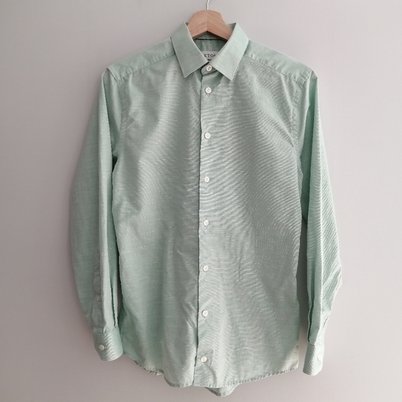 Eton Super Slim Fit Men's Dress Shirt Green Cotton Linen Blend 14.5 w 32" Sleeve - Picture 2 of 16